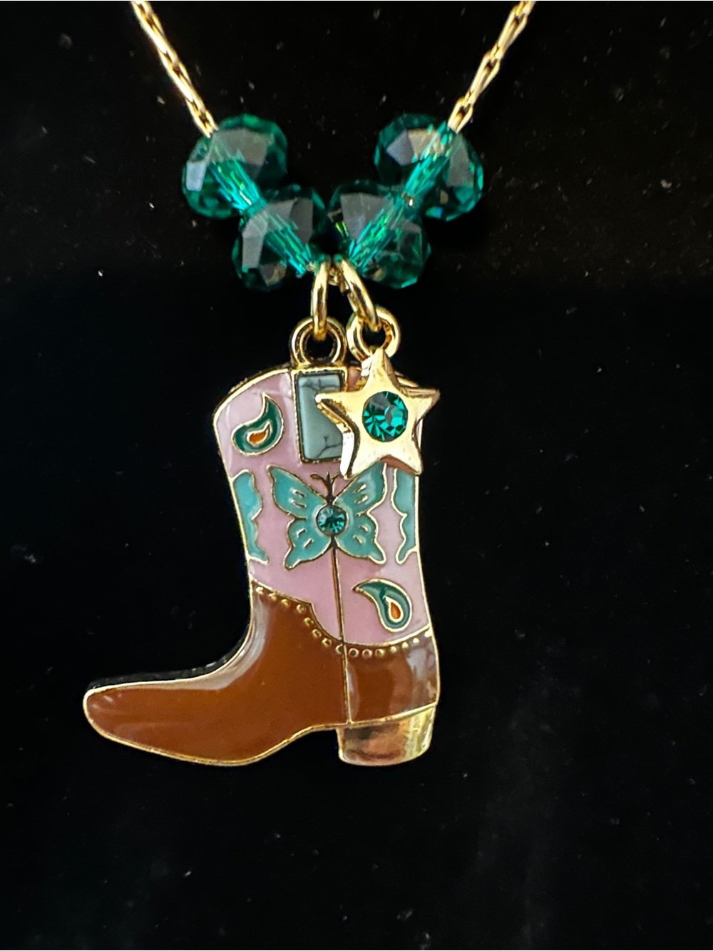 Handmade Gold-tone Brown & Pink Cowboy Boot Pendant Necklace with Green Accents